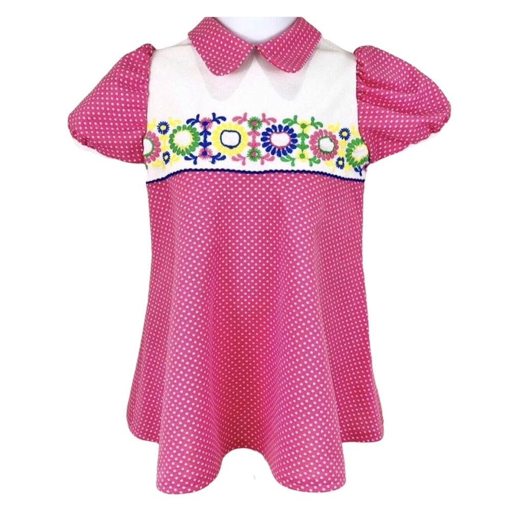 Vintage Polyester Polka Dot Mod Dress with embroidered flowers, est 3t